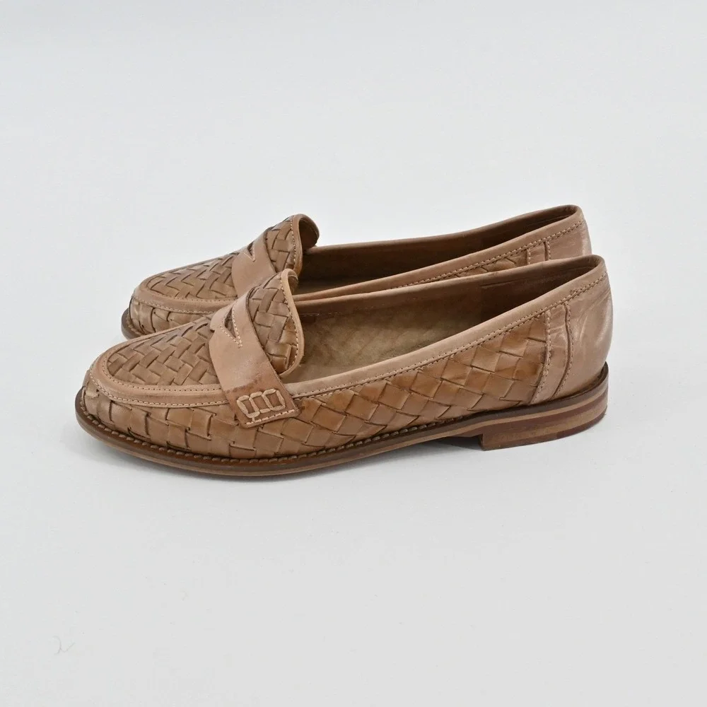 Sesto Meucci Woven Leather Penny Loafers in Tan